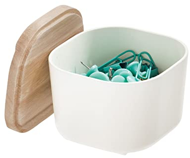 iDesign Schubladenbox, kompakte Regalbox aus BPA-freiem, recyceltem Kunststoff, Schubladen Organizer Box mit Deckel aus Paulownia-Holz, weiß, 7,1 x 9,1 x 9,1 cm, 08031