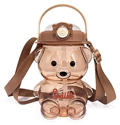 AMOBON Kawaii Bear Water Bottle with Straw and Strap, Cute Water Bottles for Kids, Portable Leakproof BPA-free Drinking Cups for Girls Women Sports Camping Picnic Hiking Travel (Brown)