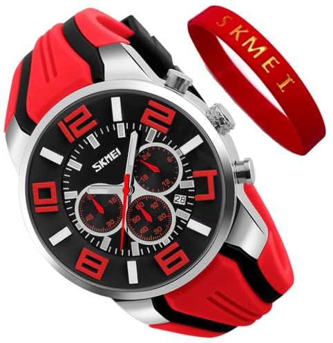 SKMEI Montres pour hommes avec bracelet en silicone étanche et tendance - Style décontracté - Grand cadran - Chronographe de luxe - Lumineux - Analogique - Noir, G9128red, Tendance