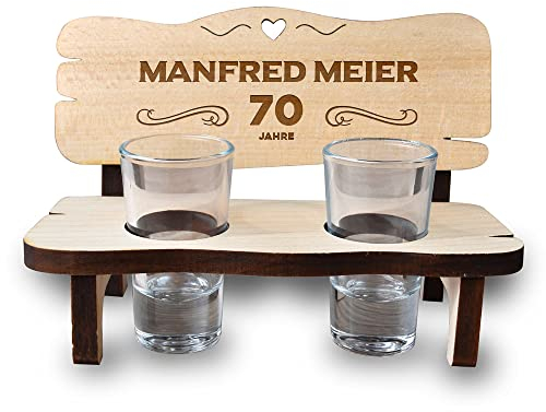 Schnapsbank aus Holz mit Wunschgravur - zum 70. Geburtstag - mit 2x Schnapsgläser - personalisierter Name - Likör, Spirituosen - nachhaltig, robust - Geburtstagsgeschenk - Männer und Frauen