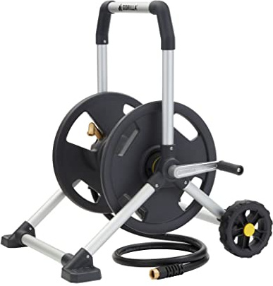 Gorilla 200’ Aluminum Zero-Rust Upright Hose Reel | Rust-proof frame, Smooth winding hose guide, Upright comfort handle, Stable wide base, Durable construction for outdoor use