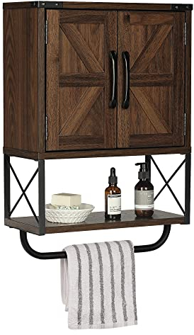 RUSTOWN Farmhouse Rustic Medicine Cabinet with Two Barn Door,Wood Wall Mounted Storage Cabinet with Adjustable Shelf and Towel Bar, 3-Tier Cabinet for Bathroom(Dark Walnut)