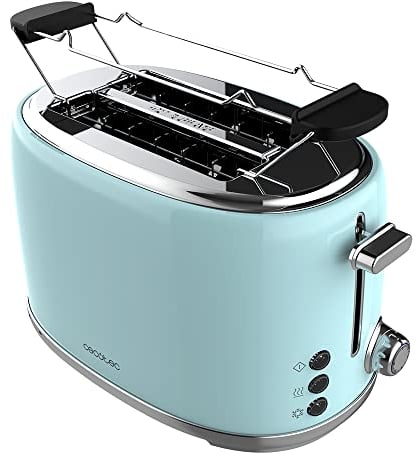 Cecotec Tostadora 2 Rebanadas Toast&Taste 1000 Retro Double Blue. 980 W, 2 Ranuras Anchas de 3,8 cm y Cortas, Acero Inoxidable, Varillas Superiores, Potencia Regulable, Bandeja recogemigas