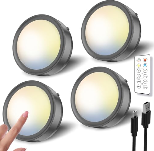 Faretti LED Ricaricabili USB con Telecomando, 2400 mAh Luci Vetrina Senza Fili Dimmerabile Luci LED a Batteria Adesive per Cucina Sottopensile Lampada Armadio Magnetica Luce Notturna Touch