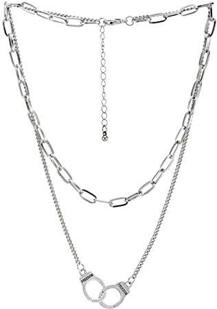 Hipster Damen Handschellen Halskette Zwei Strang Rolo Kette Ovalen Gliederkette Silber Farbe, Hip Hop Collier, Punk Rock