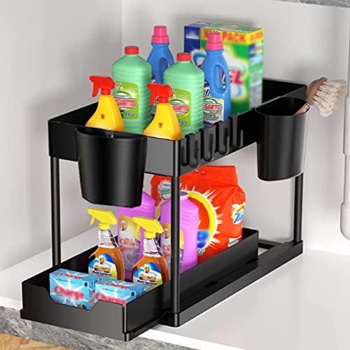 Under Sink Storage Organizer Shelf 2 Tier - Under Sink Storage Rack Kitchen Organiser Includes 4 Hooks & 2 Hanging Cups, Sliding Drawer Under Cabinet Storage Organizer for Bathroom Organization