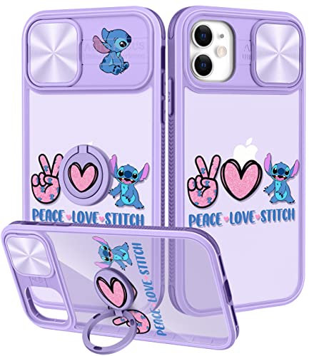 Joyleop (2in1 for iPhone 11 Case Cartoon Cute Love Stit for Girls Pretty Women Teen Kids Girly Phone Covers Purple Pattern Design with Slide Camera Cover+Ring Holder for Apple 11 6.1”