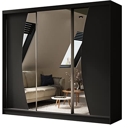 ALTDECOR Kleiderschrank mit Spiegel und Schiebetüren, kugelgelagerte Führungsschienen und Aluminium-Leisten - VOXI - 240 cm Schwarz