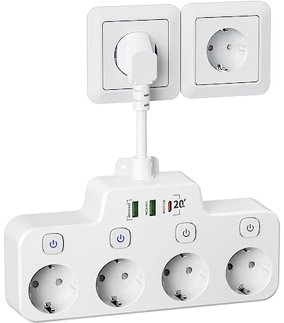 Regletas Enchufes Proteccion Sobretension Pared con USB C(PD 20W), Ladron Enchufes con Interruptor, Regleta 4 Enchufes Conmutable Individualmente, Base Enchufes Multiple,Blanco