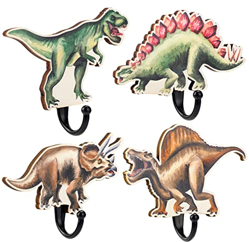 4 Stück Kinder Wandhaken Dinosaurier Holz Kleiderhaken für Jungen Zimmer Tier Wandhaken Dekorative Dinosaurier Thema Dekorationen für Badezimmer Schlafzimmer Kinderzimmer
