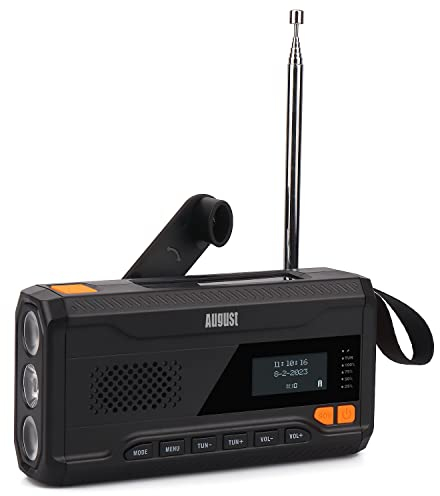 Kurbelradio DAB/FM/Bluetooth -August MB290B- Solar Radio 4500mAh wiederaufladbare Powerbank, 3 Modi LED Taschenlampe Sleeptimer SOS-Alarm 3.5mm Notfallradio mit Handkurbel für Camping Wandern Zelten