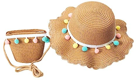 Girls Sun Hat and Mini Cross Body Bag Sets, Summer Beach Straw Hat and Mini Purse Set, Flower Straw Hat for Kids Girls Holiday Outdoor Activities Travel Brown