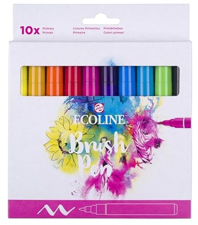 Ecoline Brush Pen-Set mit 10 flüssigen Aquarellstiften – Grundfarben | Mischbare Pinselstifte für Handlettering, Zeichnen und Basteln