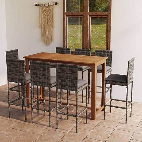 Homgoday 9-TLG. Gartenbar Set mit Kissen Theke Bar Tresen Gartentheke Stehtisch Bartisch Barhocker Barstuhl Sitzgarnitur Gartenmöbel Balkonset Gartengarnitur Grau