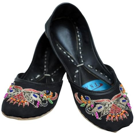 Women Ladies Black multicolour embroidary Luxury Desginer ClosedToe Traditional Bridal Handmade Leather Flat Khussa Indian Pumps Slip on (UK Footwear Size System, Adult, Women, Numeric, Medium, 4)