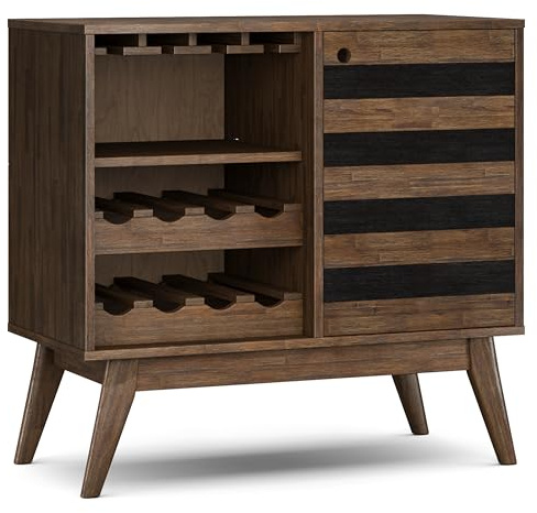 SIMPLIHOME Clarkson 8-Bottle SOLID ACACIA WOOD 39 inch Wide Mid Century Wine Cabinet in Rustic Natural Aged Brown for the Living Room, Dining Room and Kitchen