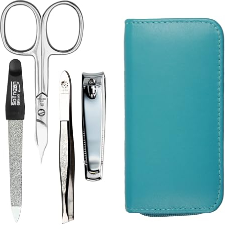 Juego de manicura de 4 piezas, estuche de viaje, tijeras, cortaúñas, lima de uñas y pinzas, estuche de auténtica piel de cordero de napa – manicura y pedicura (turquesa)