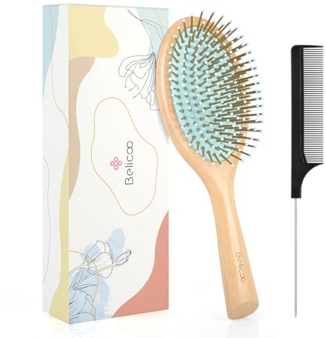 BELICOO Brosse à cheveux démêlante en bambou – Wet & Dry pour femmes, hommes et enfants – Vert