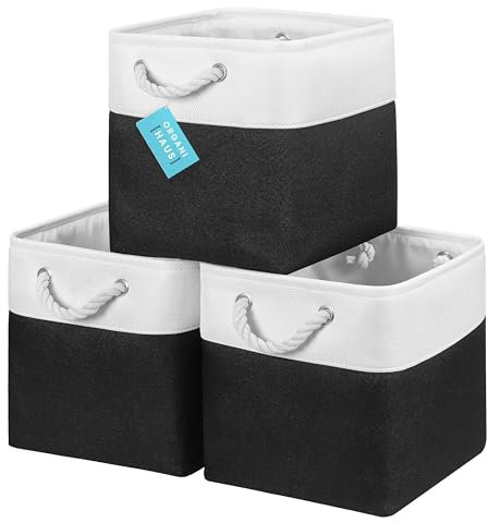 OrganiHaus 28x28 Cube Storage Bins Set of 3, Fabric Cube Baskets for Storage Shelves, Foldable Storage Cubes for Kallax Organizer Cube Bins w Rope Handles, Cubby Bins for Nursery Decor Black/White