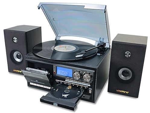 LoopTone Vinyl Record Player with Dual External Speakers 15W 10 in 1 3 Speeds Bluetooth Classic Turntable AM/FM CD Cassette Player USB Recorder Input