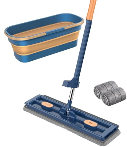 Balai Plat Nouveau Style avec Seau,Grande Vadrouille Plate Et Seau Évolutif avec Roues,Vadrouille en Microfibre Rotative À 360 °, Vadrouille À Poussière avec Grattoir pour Le Nettoyage des Sols