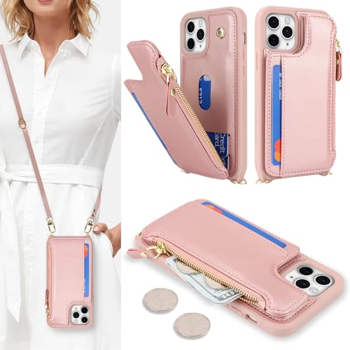 SailorTech Handyhülle für iPhone 11 Pro Max Etui mit Kartenfach, iPhone 11 Pro Max Hülle mit Verstellbarer Halskette, iPhone 11 Pro Max Handytasche mit Reißverschluss Geldbörse - Roségold