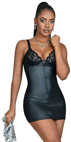 comeondear Wetlook Mini Kleid Kurz PU Leder Lederkleid Damen Elegant Schwarz Große Größe Sexy Unterwäsche für Mollige Frau Erotisch Partykleid Curvy Minikleid mit Spitze Clubwear Lingerie Schwarz M