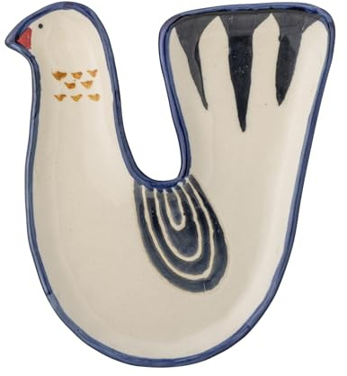 Bloomingville Trudy Schale, Vogel-Design, handbemalt, Weiß/Blau, Steingut, dekorative Schale für Aufbewahrung und Dekoration, 12,5x14 cm