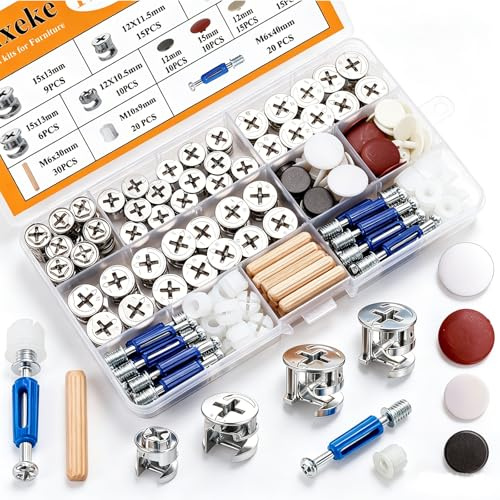 Sunxeke 170PCS Cam Locks for Furniture,3-in-1 Eccentric Hardware Wheels,Furniture Fasteners & Connectors with Multi-Size Nuts,Bolts and Wood Dowel Pins-Assortment Kit for Furniture Assembly/Repair