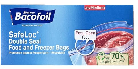 Bacofoil Safeloc Double Seal Medium Food Freezer 76 Bags Pack of 1 Resealable Washable Size 27x24cm Leftover Kitchen Waste Storage with Welari Thank You Card | (1pack) (76bags)