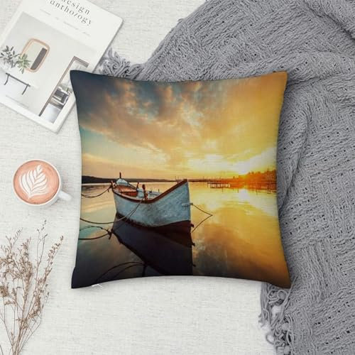 Kopfkissenbezug Home Dekoration,Bootsabenteuer auf Relax Wave Pond Reflektierter See Spiegelung Wasser Ruhiger Sonnenuntergang Natur,Pillowcase Super Weich Sofakissen für Wohnzimmer Sofa Bed,45x45cm