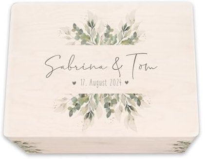 hellomini Personalisierte Erinnerungskiste aus Holz - Geschenk zur Hochzeit | Individuell mit Namen & Datum - Hochzeitsgeschenk/Hochzeitskiste (Blätter, S: 30x20x14cm mit Frontdruck)