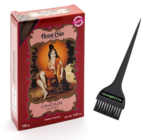 Sitarama Henna Color – Coloración natural para el cabello con agua sin amoniaco ni agua oxigenat, sin PPD – Polvo Henne 100 g y pincel clorophilla. (Chatain castaño, 100 g)