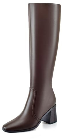 Dumjey Stivali alti al ginocchio, stivali piatti da donna, punta quadrata, stivali lunghi, tacco a blocco, stivali alti al ginocchio con cerniere posteriori, marrone, 40 EU