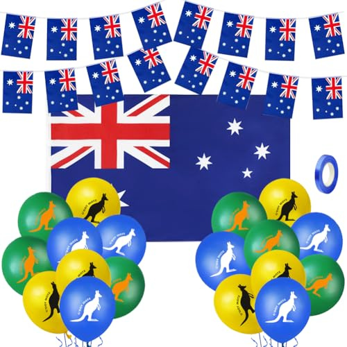 Australische Party-Dekorationsset, inklusive großer australischer Flagge, 6 m lange australische Flagge, Wimpelkette, Banner, 18 Stück Känguru-Ballons und blaue Bänder für Australien-Tag
