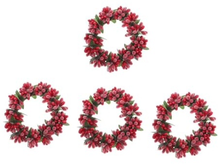 Warmhm 4 Stück Tischkerzenhalter Weihnachtskerzenkranz Mini-weihnachtskranz Kränze, Serviettenringe Kerzenkränze Ring Kerzenhalter Aus Tannennadeln Kerzenringe Aus Roten Beeren Plastik