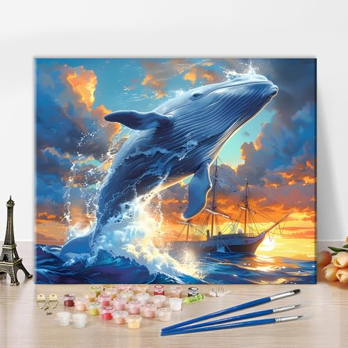 TISHIRON Pintura por números para adultos, pintura al óleo pintada a mano, ballenas gigantes saltando del mar para principiantes, un barco navega en el mar, juego de pintura fácil por números 40 x 50