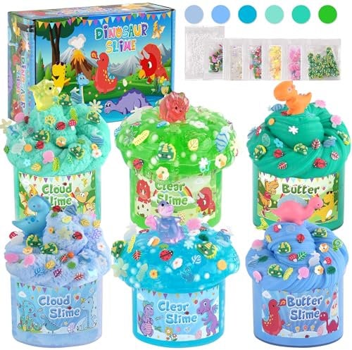 LAWOHO 6 Dinosaurier Slime Set - Wolkenschleim, Butterschleim & Klarer Schleim für Kinder, Fluffy Slime mit Dinosaurier-Schleim Add-ins, 360ml Blauer & Grüner Schleim für Mädchen & Jungen Weihnachten