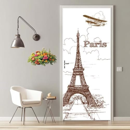Türtapete Selbstklebend 77X200 Türaufkleber 3D Türfolie Selbstklebend Turm Paris Klebefolie Tür Türposter Tür Folie PVC Wasserfest Wandbild für Schlafzimmer Wohnzimmer Tür Dekoration Tapete -MT1151