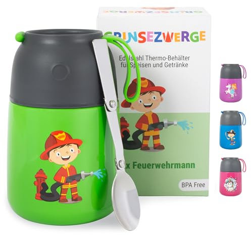 GRINSEZWERGE Kinder Thermobecher 500ml für Speisen und Getränke | Edelstahl Thermobehälter für Essen | Warmhaltebehälter Babybrei | Müslibecher | Thermo Lunchbox Feuerwehrmann
