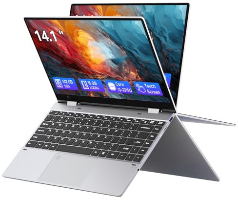 Ordinateur Portable 2-in-1, PC Portable Core i3-1315U , Laptop 16GB RAM+512GB SSD, UHD Graphics, Win11, 360° Rotating Touchscreen, clavier rétroéclairé/ déverrouillage par empreinte digitale/Type-C