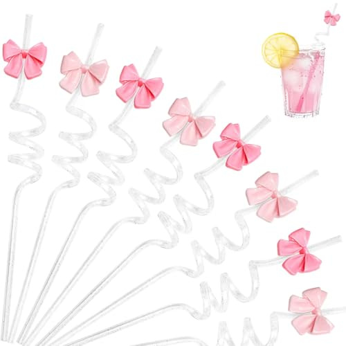 12Pcs Glitter Reusable Bow Plastic Straws Drinking Pink Bow Party Favors Straws, Bow Theme Birthday Party Bridal Engagement Drinkware Coquette Cute Party Supplies