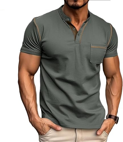 Mens Henley T-Shirts Cotton Short Sleeve Shirts Casual Summer Shirt Tops
