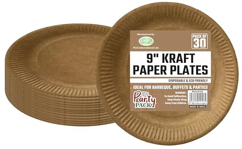 M1SS 9 Inch Disposable Kraft Paper Plates - Pack of 90 for All Occasions Outdoor Parties Catering, Food Grade, Recyclable Suitable for Hot & Cold Food