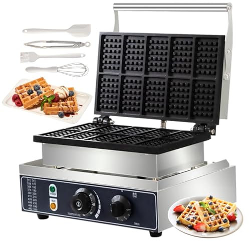1550 W Dual-Sided Heating Commercial Waffle Iron | Adjustable Timer & 122-572°F Temp Range, Includes Square Waffle Pan Tool, For Bakeries, Tea Rooms, Breakfast Stalls