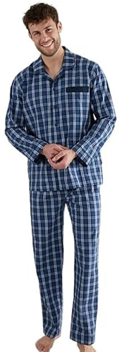 Götzburg Herren Schlafanzug - lang, durchgeknöpft, Pyjama, Baumwolle, Muster Blau/Weiß M