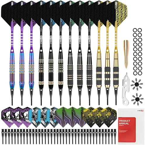 CyeeLife Dartpfeile mit kunststoffspitze,12 Stück Premium Softdarts Set - Messing Barrel Pfeile mit 4 Designs, 24 Flügeln, 50 Spitzen, 20 O-Ringen und andere Zubehör für elektronische Dartscheibe