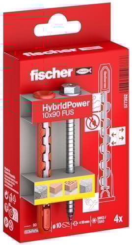 fischer HybridPower 10 x 90 FUS, chevilles pour une capacité de charge et une sécurité maximales, montage facile sans outil de pose, universel pour matériaux perforés et pleins, maçonnerie, béton, sûr