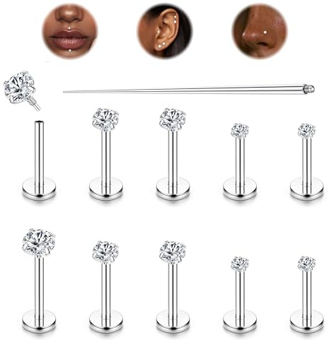 LOLIAS 10er Set 16G Titan Helix Piercings - CZ Silber Piercing Schmuck 6/7/8MM - Tragus, Labret, Knorpel, Helix, Muschel, Lippe, Monroe, Medusa