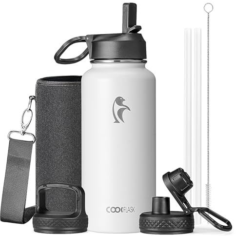 Coolflask Water Bottle 32 oz Insulated with Straw, Stainless Steel Metal 3 Lids Water Flask Wide Mouth for Sports or Office, Non-BPA Keep Cold Up to 48 Hrs or Hot Up to 24 Hrs, White